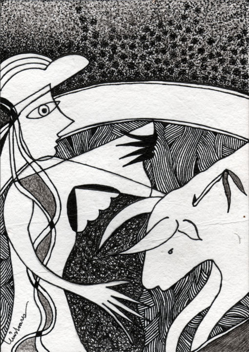 Desenho intitulada "Homem e touro" por Luís Soares, Obras de arte originais, Tinta