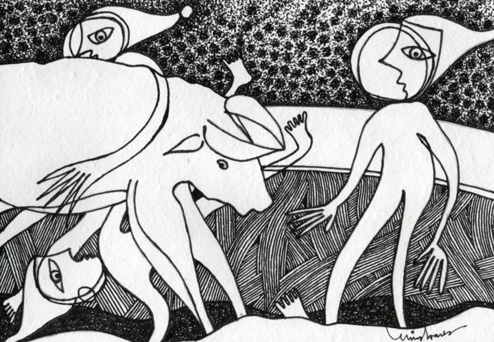 Dessin intitulée "Pega de touros" par Luís Soares, Œuvre d'art originale, Encre