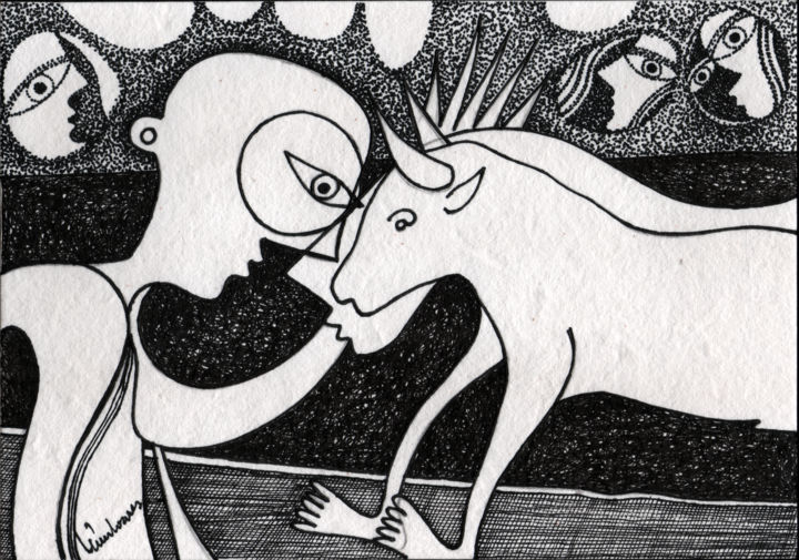 Desenho intitulada "Diálogo com touro" por Luís Soares, Obras de arte originais, Tinta