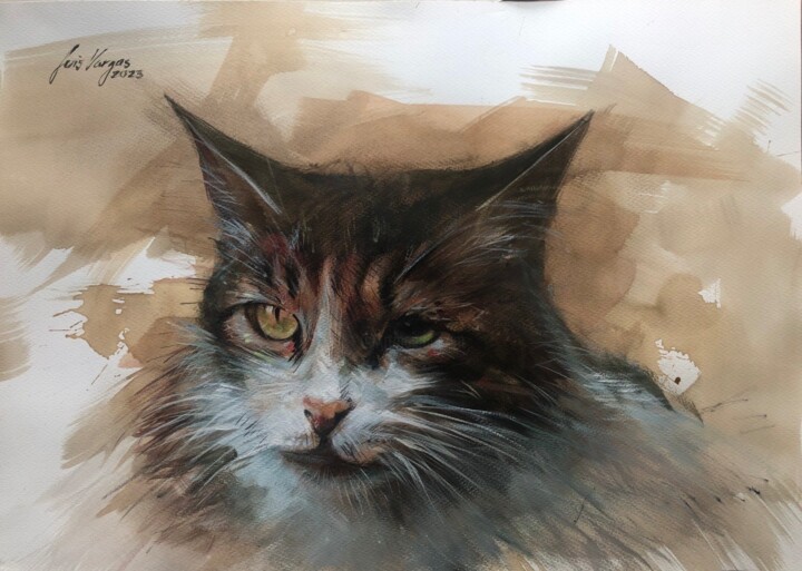 Schilderij getiteld "Miau Miau" door Luis Vargas B., Origineel Kunstwerk, Aquarel