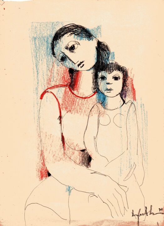 Pintura intitulada "015 - Mae e filha" por Luiz Carlos De Andrade Lima, Obras de arte originais, Aquarela