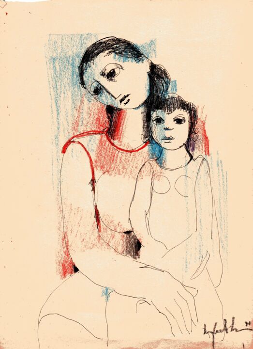 Peinture intitulée "015 - Mae e filha" par Luiz Carlos De Andrade Lima, Œuvre d'art originale, Aquarelle