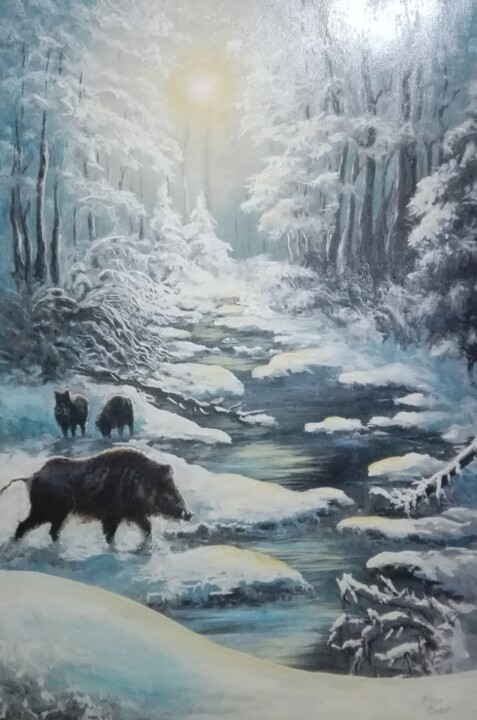 Schilderij getiteld "Zimska scena" door Lukas Mb, Origineel Kunstwerk, Olie