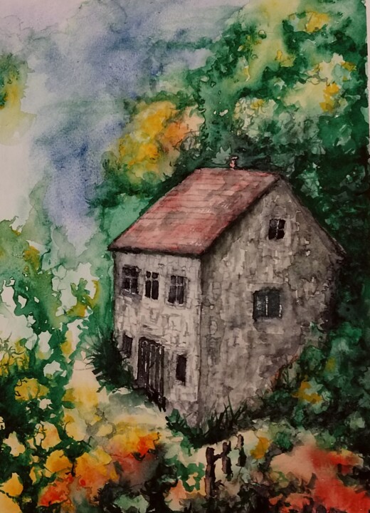 Painting titled "Rodna kuća" by Lukas Mb, Original Artwork, Watercolor