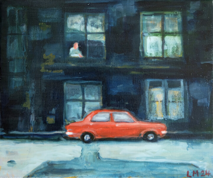 Painting titled "The red car" by Luke Morgan, Original Artwork, Oil