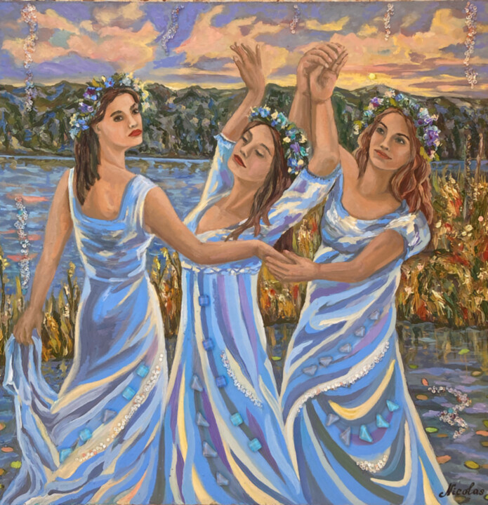 Painting titled "Water Nymphs" by Pintor Nicolas, Original Artwork, Oil