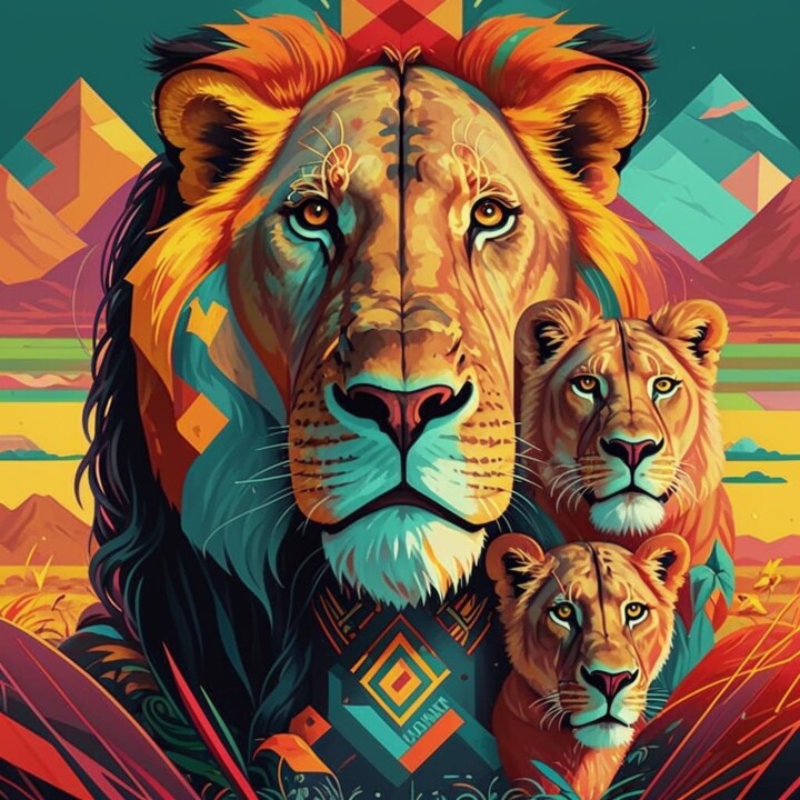 Grafika cyfrowa / sztuka generowana cyfrowo zatytułowany „"Lion and Cubs on t…” autorstwa Pintor Nicolas, Oryginalna praca,…