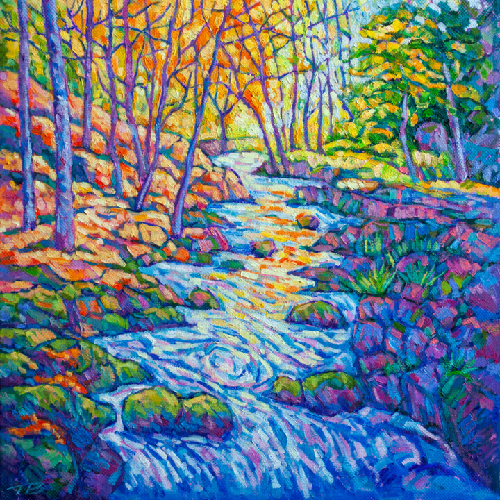 Painting titled "Autumn stream impre…" by Tao Bai, Original Artwork, Oil