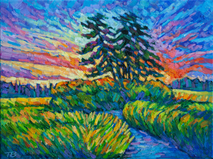 Painting titled "Sunset landscape" by Tao Bai, Original Artwork, Oil