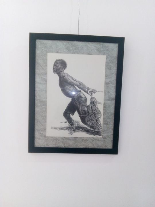 Disegno intitolato "O pescador" da Luisa Miguel Mutisse, Opera d'arte originale, Biro