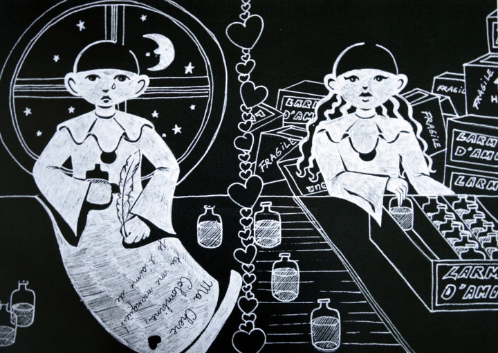 Peinture intitulée "Pierrot et Colombine" par Lune Et Animo, Œuvre d'art originale