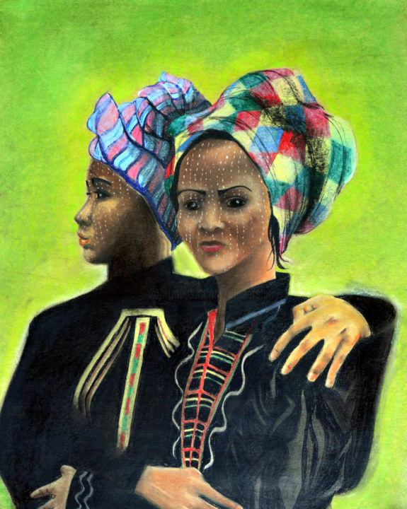 Dessin intitulée "soeurs birmanes" par Lune Et Animo, Œuvre d'art originale, Pastel