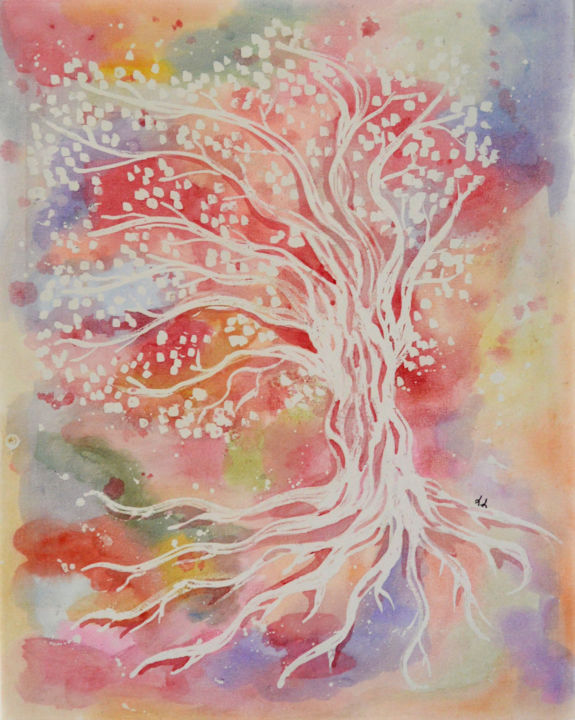 Painting titled "Arbre de vie aux co…" by Lune Et Animo, Original Artwork, Watercolor