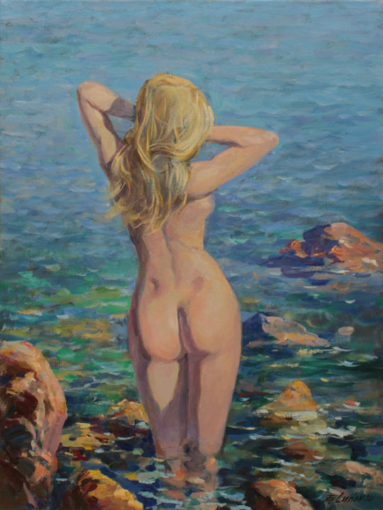 Pintura intitulada "На пляже" por Evgenii Luniov, Obras de arte originais, Óleo