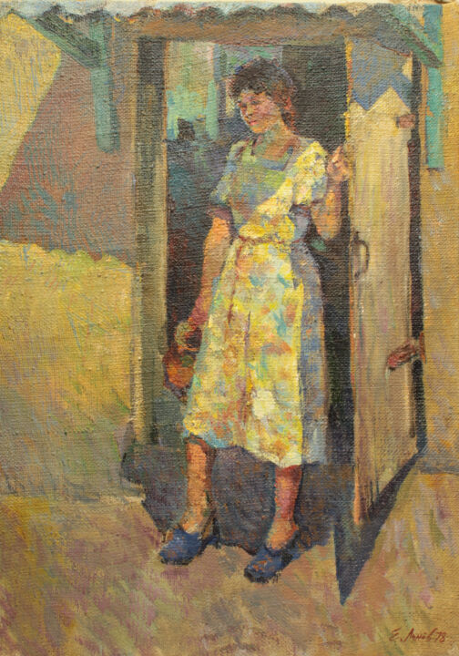 Картина под названием "Женщина с кувшином" - Евгений Лунёв, Подлинное произведение искусства, Масло
