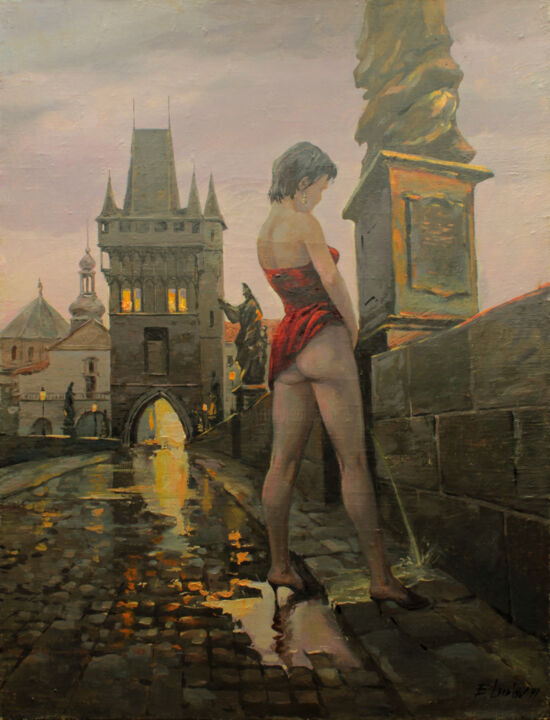 Painting titled "Ночная Прага" by Evgenii Luniov, Original Artwork, Oil