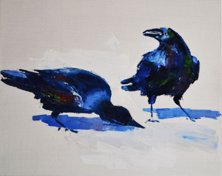 Painting titled "Ravens" by Marian Luniv, Original Artwork, Oil