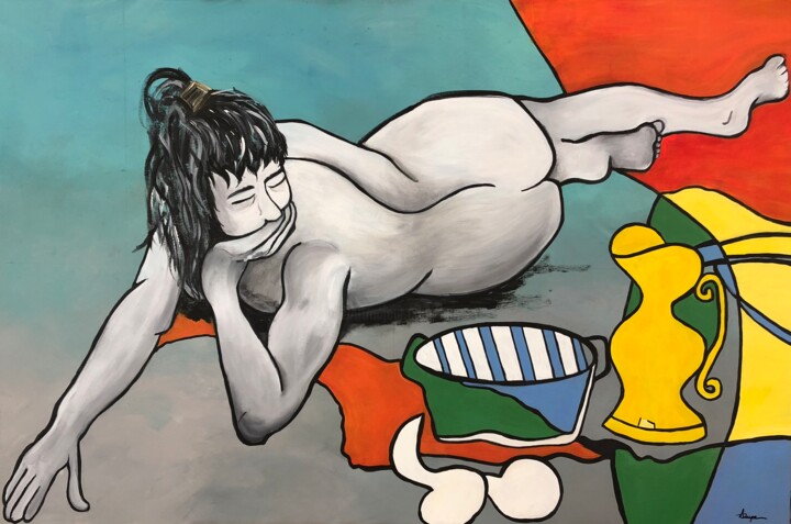 Картина под названием "THINKING - Laying W…" - Lupe Rocha, Подлинное произведение искусства, Акрил
