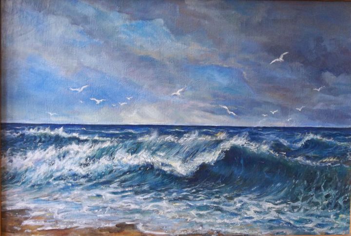 Картина под названием "Morning at sea" - Lusy Akopova, Подлинное произведение искусства, Масло