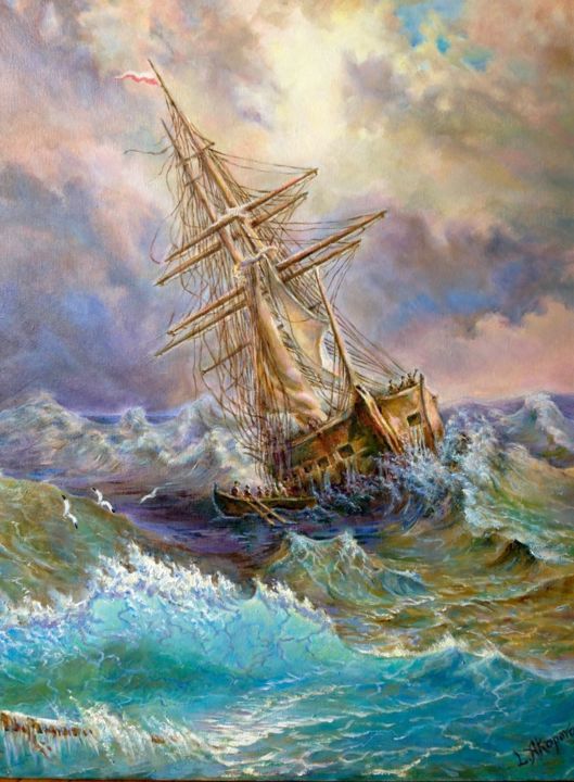 Картина под названием "Ship in the stormy…" - Lusy Akopova, Подлинное произведение искусства, Масло