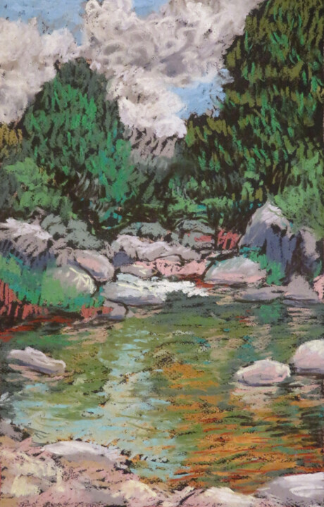 Drawing titled "Rivière des Cévennes" by Lutin, Original Artwork, Pastel