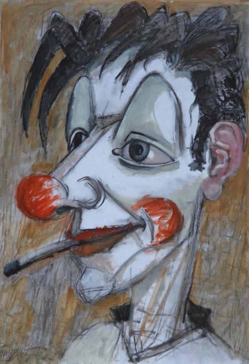 Painting titled "Clown with cigarette" by Lubomir Tkacik, Original Art, Oil