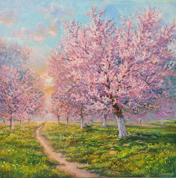 Картина под названием "Spring in pink" - Sergei Korotkov, Подлинное произведение искусства, Масло Установлен на Деревянная р…