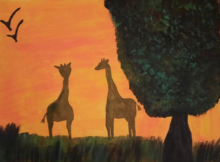 Painting titled "Girafe en Afrique" by Nature Sabrina, Original Artwork, Acrylic Mounted on Wood Panel