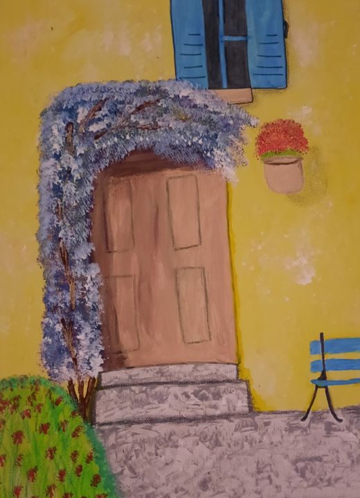 Painting titled "Porte fleuri" by Nature Sabrina, Original Artwork, Acrylic Mounted on Wood Panel