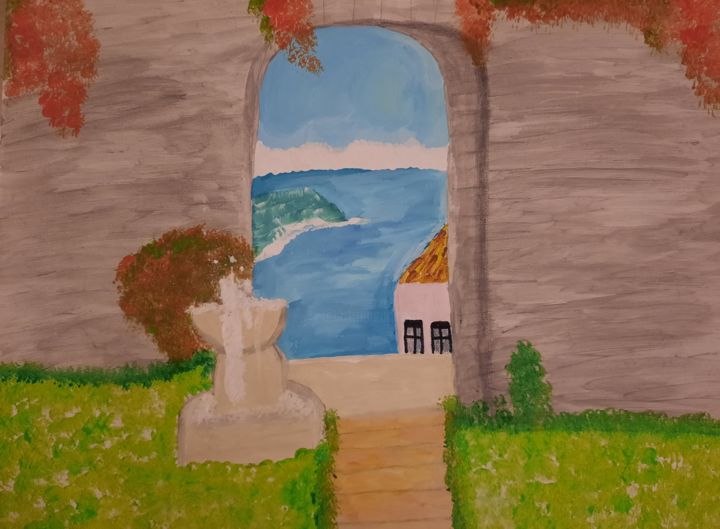 Картина под названием "Fontaine & mer" - Nature Sabrina, Подлинное произведение искусства, Акрил Установлен на Деревянная па…