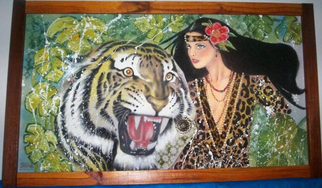 Pintura intitulada "A Moça do Tigre" por Luz Bartho, Obras de arte originais