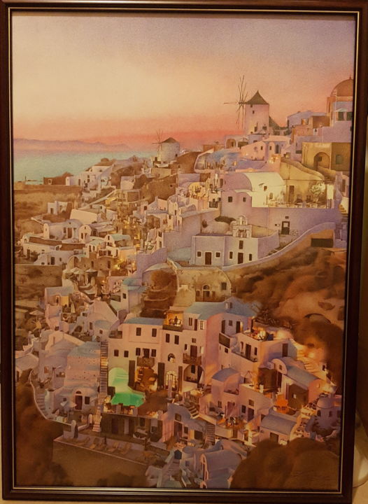 Schilderij getiteld "Aegean Sea" door Zi Feng Wang, Origineel Kunstwerk, Tempera Gemonteerd op Houten paneel