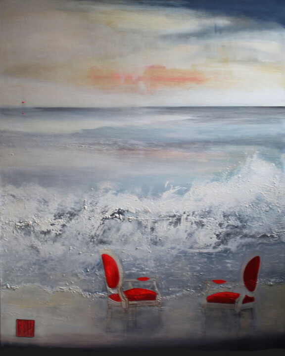 Painting titled "MER AMER AVRIL" by Ly-Rose, Original Artwork, Oil Mounted on Wood Stretcher frame