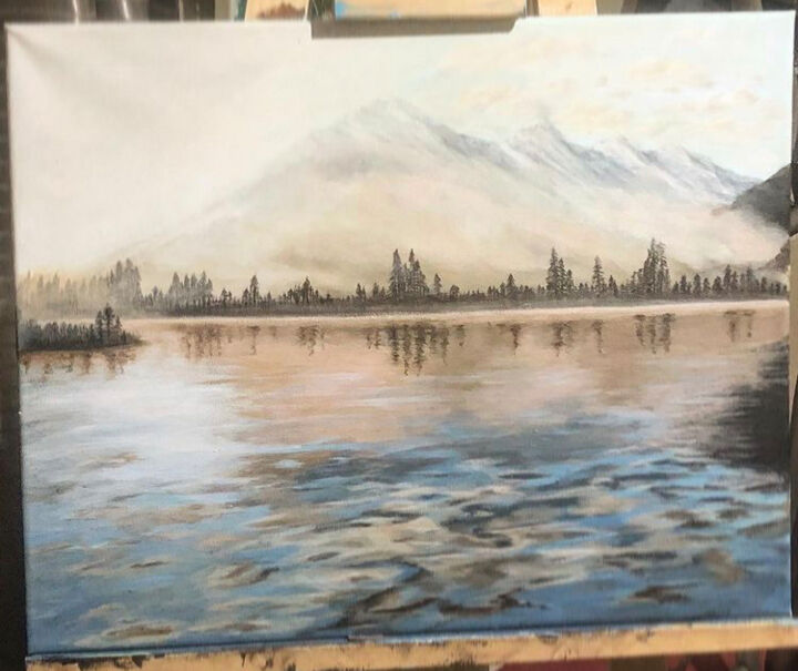 Painting titled "Foggy lake" by Lyanart, Original Artwork, Acrylic Mounted on Wood Stretcher frame