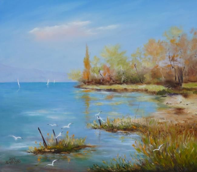 Painting titled "Automne sur le lac" by Lyane Lenormand, Original Artwork