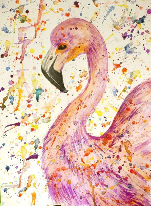 Peinture intitulée "Розовый Фламинго" par Daryna Liashko, Œuvre d'art originale, Aquarelle
