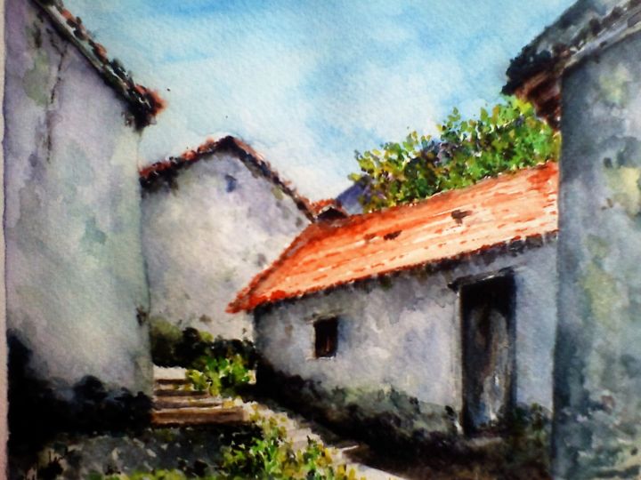 Painting titled "Ruelle de Kabylie '…" by Lyazid Chikdene, Original Artwork, Watercolor