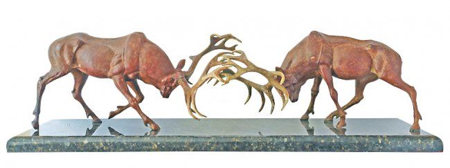 Scultura intitolato "FIGHTING DEERS" da Lybomir Lazarov, Opera d'arte originale, Metalli