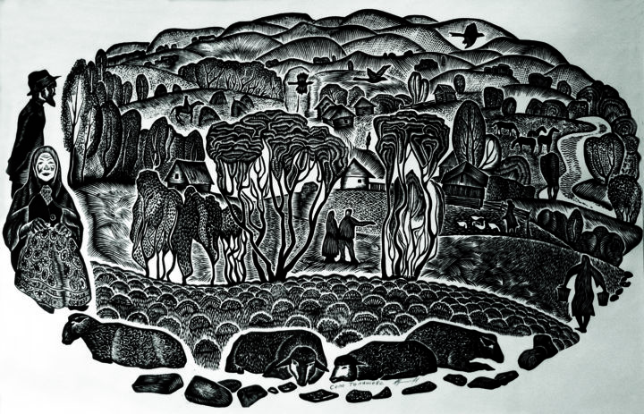 Printmaking titled "Le village Télachevo" by Lydia Aristova-Jacquemin, Original Artwork, Linocuts