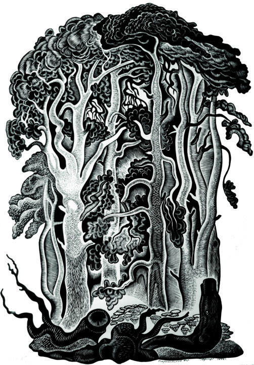 "La forêt de Karagay…" başlıklı Baskıresim Lydia Aristova-Jacquemin tarafından, Orijinal sanat, Linocut