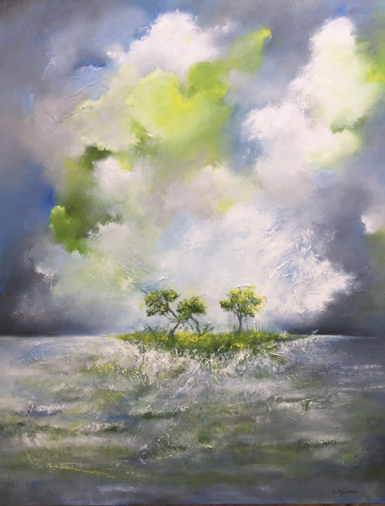 Painting titled "Une île" by Lydie Allaire, Original Artwork, Oil