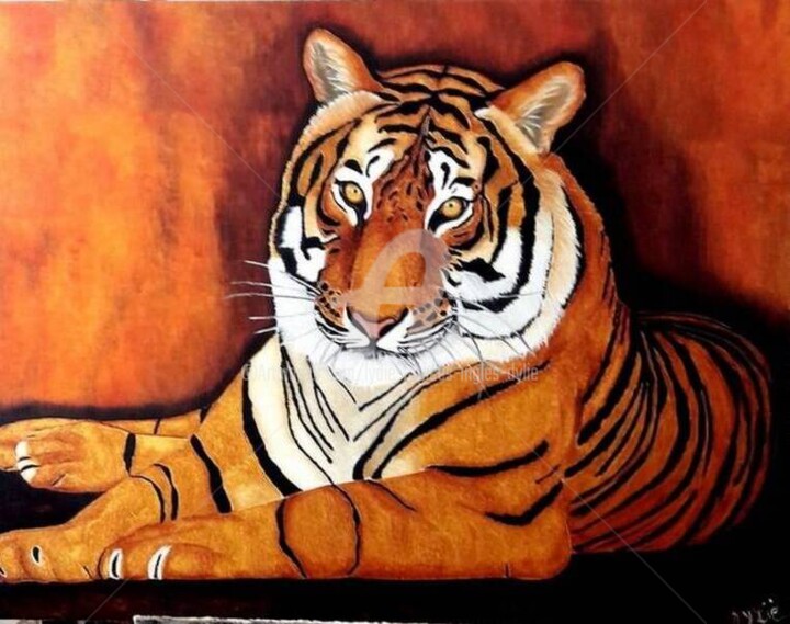 「Tigre "MEVY"」というタイトルの絵画 Lydie Frances-Ingles (dylie)によって, オリジナルのアートワーク, オイル ウッドストレッチャーフレームにマウント