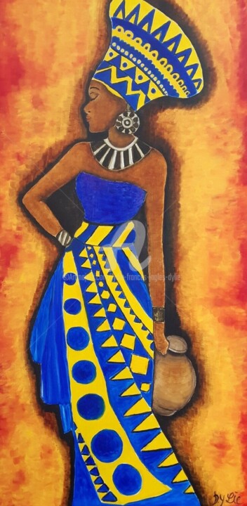 Painting titled "L'Africaine traditi…" by Lydie Frances-Ingles (dylie), Original Artwork, Oil Mounted on Wood Stretcher frame