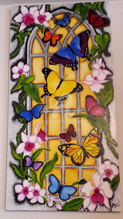 Peinture intitulée "Papillons devant un…" par Lydie Frances-Ingles (dylie), Œuvre d'art originale, Huile