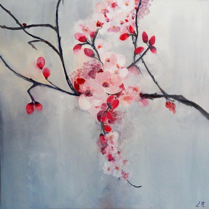 Peinture intitulée "Les fleurs du ceris…" par Lydie Massou, Œuvre d'art originale, Huile