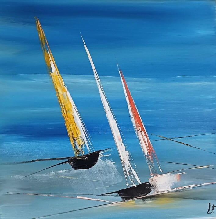 Painting titled "Trois voiles" by Lydie Massou, Original Artwork, Acrylic Mounted on Wood Stretcher frame