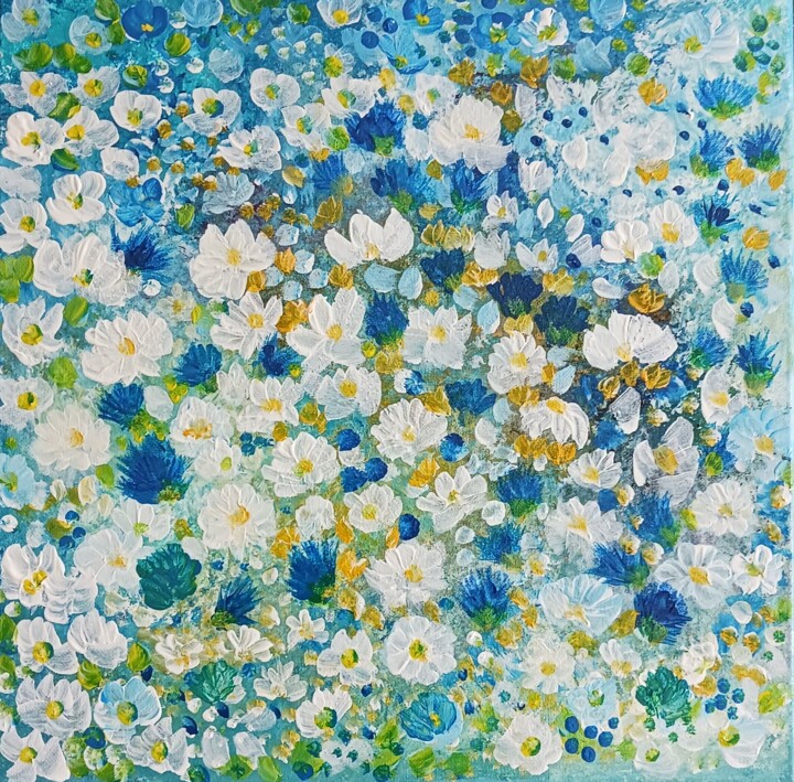 Peinture intitulée "Le pré bleu" par Lydie Massou, Œuvre d'art originale, Acrylique