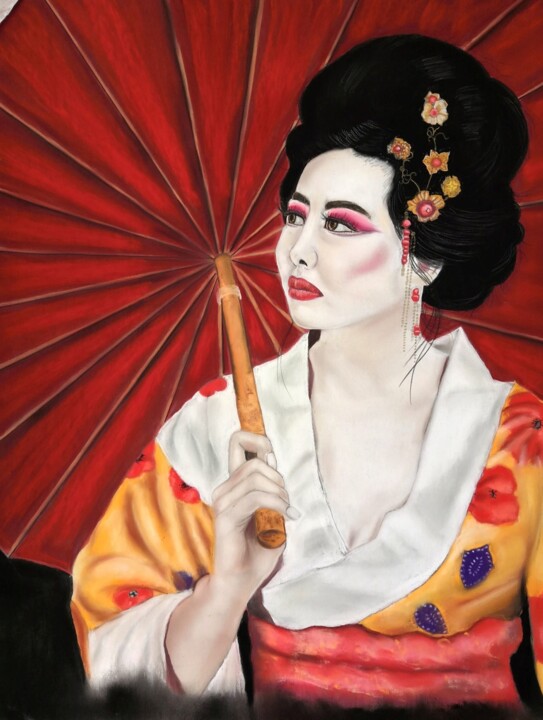 Schilderij getiteld "Geisha" door Lydie Paumier, Origineel Kunstwerk, Pastel