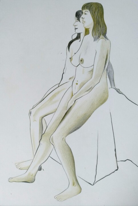 Drawing titled "Two models, sitting" by Lynda Stevens, Original Artwork, Pencil