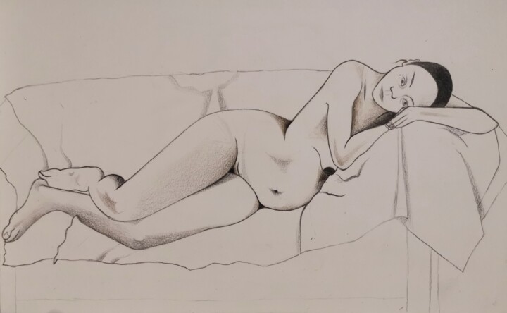 Rysunek zatytułowany „Woman, reclining on…” autorstwa Lynda Stevens, Oryginalna praca, Ołówek